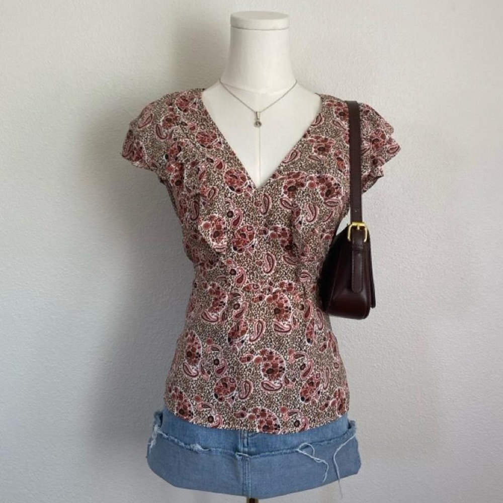 Y2K Max Studio Paisley Print V Neck Ruffle Empire Waist Tie Blouse
